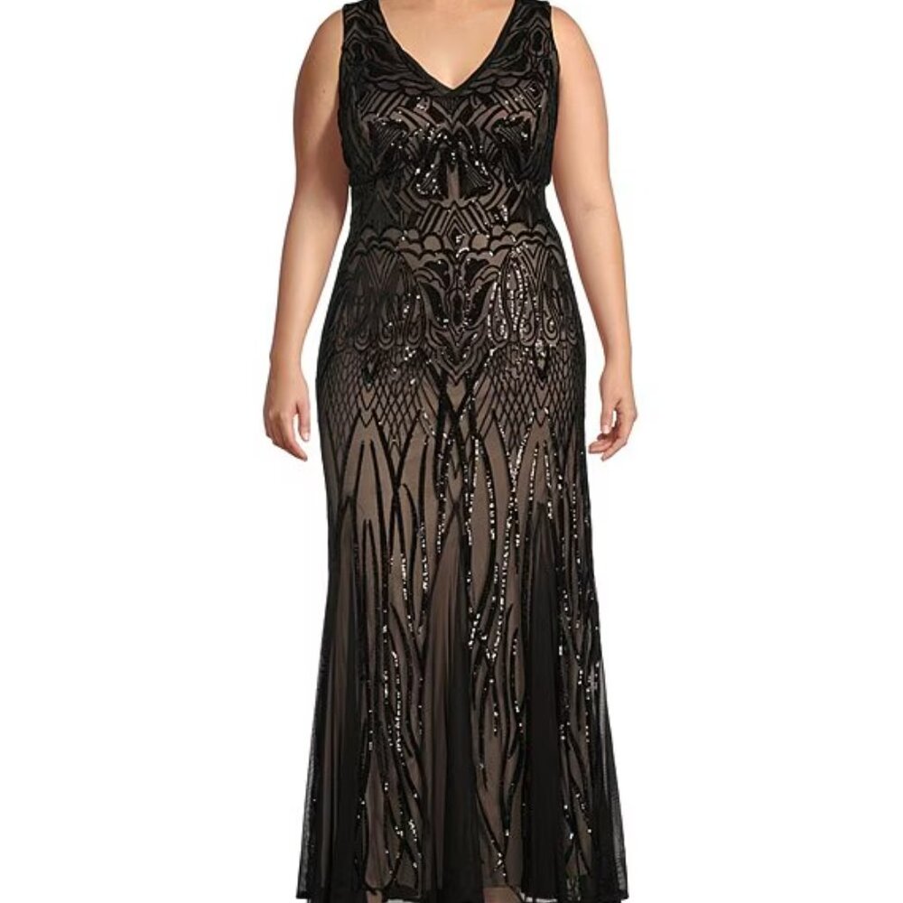 R & M Richards Sleeveless V-Neck Godet Skirt Embellished Long Sequin Dress